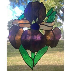 10” Sun-catcher Iris Stained Glass Window Hanging Purple Green Beautiful
